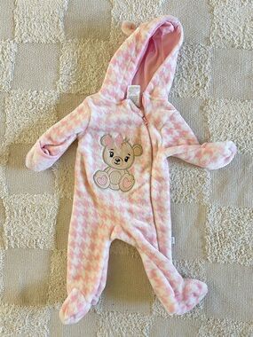 Pink Houndstooth Plush Baby One-Piece with Bear Applique